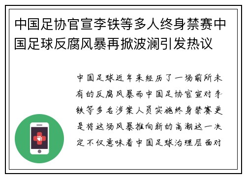 中国足协官宣李铁等多人终身禁赛中国足球反腐风暴再掀波澜引发热议